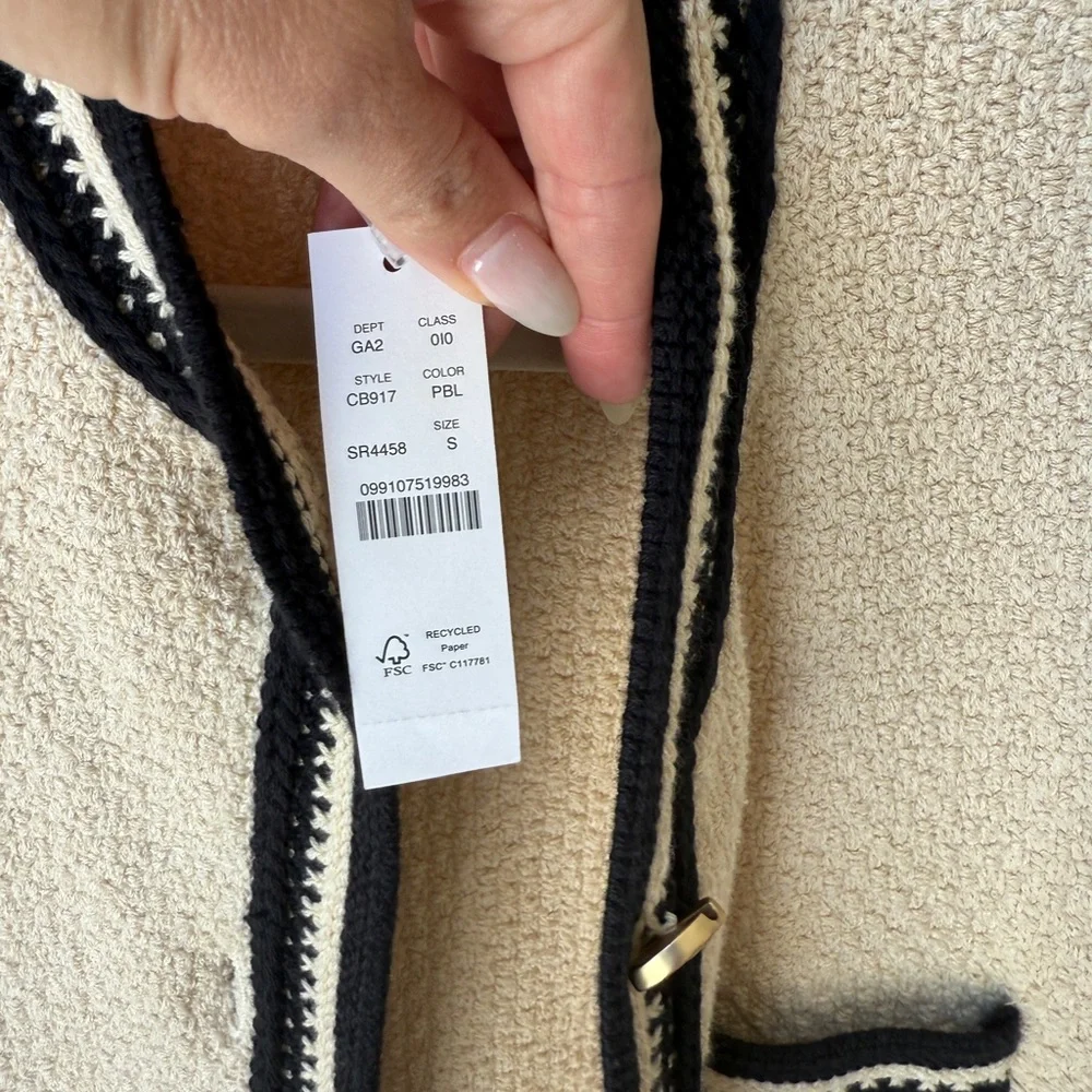 J. Crew Cream Bouclé Cardigan with Black Trim - Picture 2 of 5